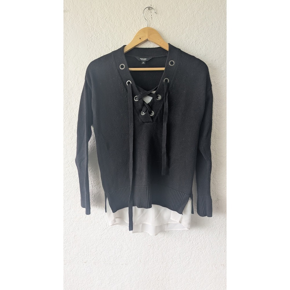 Simply Vera Vera Wang Black Lace Up Layered Sweater XS Long Sleeve Mixed Media